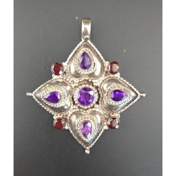 Vintage 925 Sterling Silver Pendant Amethyst & Garnet Stones Intricate Design - Picture 2 of 12